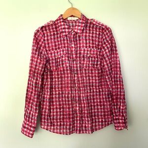 Tory Burch Brigitte Long Sleeve Button Down Top-Pink Tie Dye Plaid-Size 12